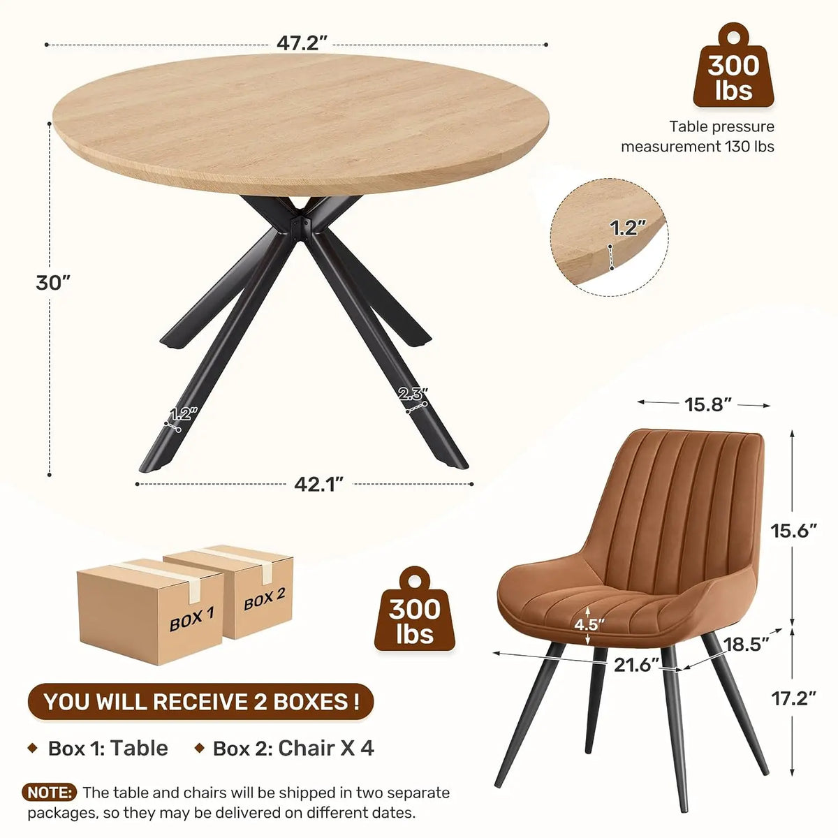 47.2" 5-Piece Round Dining Table Set for 4, Modern Wood Dining Table with 4 Upholstered Chairs, Kitchen & Dining Room, Custom